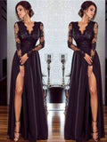 Robe de bal à ligne A/élégante, manches longues, encolure en V, longueur sol, en dentelle et mousseline avec application