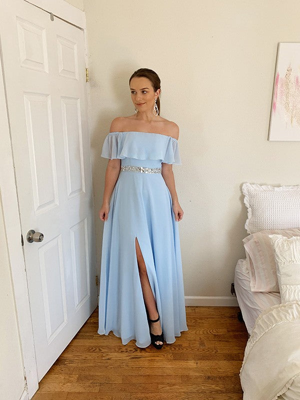 Vestidos de festa elegantes, decote em A, com missangas, chiffon, comprimento até ao chão, sem mangas