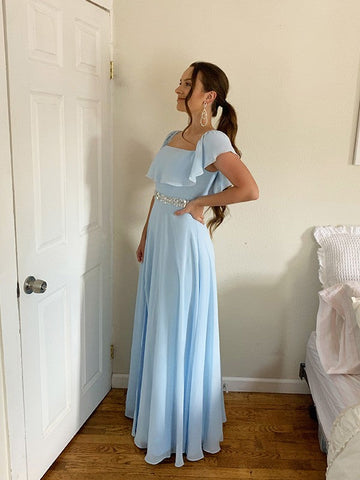 A-Line/Elegant Off-the-Shoulder Beading Chiffon Floor-Length Sleeveless Prom Dresses