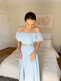 Abito da Ballo Semplice/Elegante in Chiffon con Spalle Scoperte, Ricami di Perline, Lungo fino a Terra e Senza Maniche