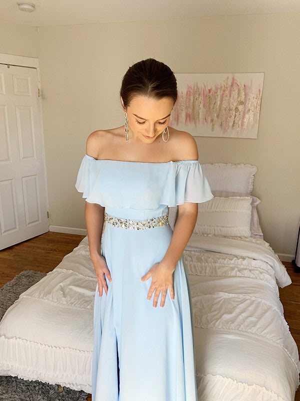 Vestidos de festa elegantes, decote em A, com missangas, chiffon, comprimento até ao chão, sem mangas