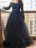 Robe de bal traîne longue en tulle à manches longues et col bretelle, élégante et coupée en A