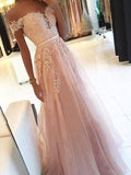 Abito da Ballo Svasato/Elegante, Scollato sulle Spalle, Senza Maniche, Lungo fino a Terra, in Tulle con Applique