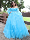 Abito da Ballo Lungo fino a Terra con Scollatura a Spalla Scoperta, Maniche Lunghe e Applicazioni in Tulle, Linea A ed Elegante