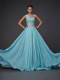Abito da Sera in Chiffon Lungo con Scollo Asimmetrico, Senza Maniche, Balze ed Elegante Linea a A