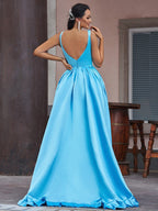 A-Line/Elegant Satin Ruffles V-neck Sleeveless Asymmetrical Prom Dresses