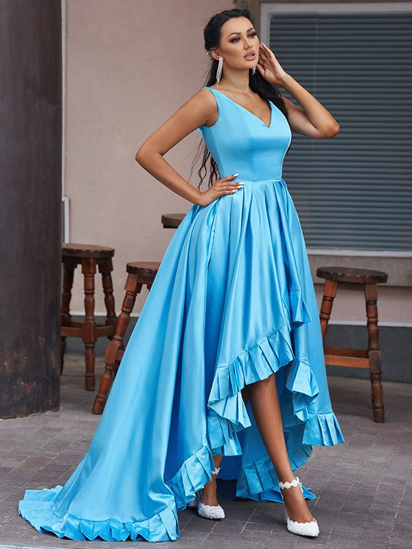 A-Line/Elegant Satin Ruffles V-neck Sleeveless Asymmetrical Prom Dresses