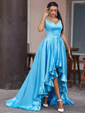 Robe de bal asymétrique sans manches à encolure en V avec volants de satin élégante en ligne A