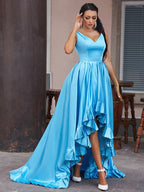 A-Line/Elegant Satin Ruffles V-neck Sleeveless Asymmetrical Prom Dresses