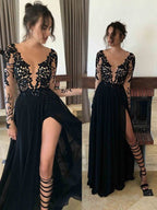 Vestidos de festa em chiffon, corte A/Elegante, com decote transparente, mangas compridas, renda, comprimento até ao chão