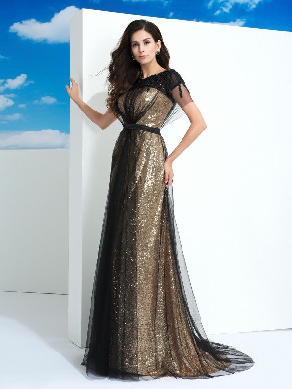 A-Line/Elegant Sheer Neck Paillette Short Sleeves Long Net Prom Dresses