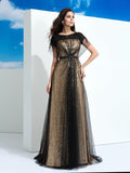 Abito da Ballo Lungo in Tulle con Scollatura Elegante e Semplice, Maniche Corte e Paillettes