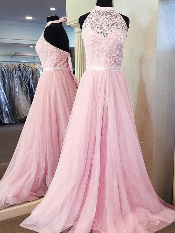 Vestidos de festa elegantes, sem mangas, com decote halter e tule e renda