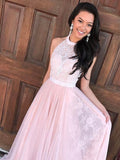 Abito da Sera in Tulle e Pizzo Senza Maniche con Scollo a Cappio, Linea A ed Elegante