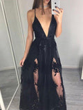 Abito da ballo in tulle senza maniche con spalline sottili, lunghezza pavimento, decorato con applicazioni, linea A ed elegante