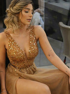 Vestidos de festa elegantes, sem mangas, decote em V, comprimento até ao chão, com strass e tule