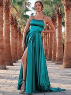 Vestidos de festa em linha A/alças elegantes, sem mangas, com folhos e cetim tipo seda