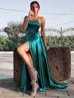 Vestidos de festa em linha A/alças elegantes, sem mangas, com folhos e cetim tipo seda