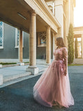 Abito da ballo lungo fino al pavimento con linea a A, elegante, applicazioni di tulle, maniche lunghe e scollo a V