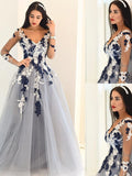 Abito da Ballo a Lunghezza Pavimento in Tulle con Scollo a V, Maniche Lunghe, Applique e Linea a A/Elegante