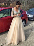 Robe de bal en tulle longue jusqu'au sol avec perles, manches longues, col en V et coupe A-ligne/élégante