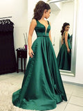 Vestidos de graduación de satén tipo A-line/elegantes con escote en V y volantes