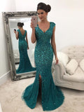 Vestidos de graduación tipo A-line/elegantes con escote en V, sin mangas, de tul con lentejuelas
