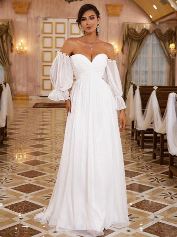 A-Linie/Princess-Linie 30D Chiffon Rüschen Schulterfrei Lange Ärmel Sweep/Pinsel zug Brautkleider