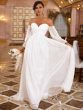 Vestidos de noiva estilo princesa com decote em A, 30D, em chiffon, franzido, ombro exterior, mangas compridas, cauda comprida