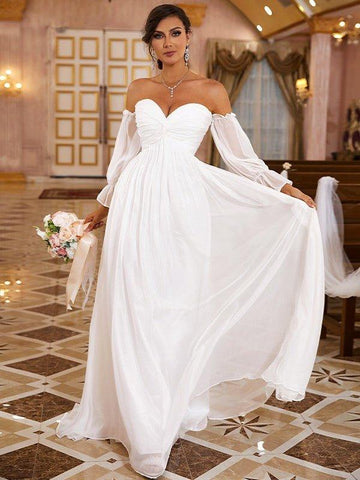 A-Linie/Princess-Linie 30D Chiffon Rüschen Schulterfrei Lange Ärmel Sweep/Pinsel zug Brautkleider