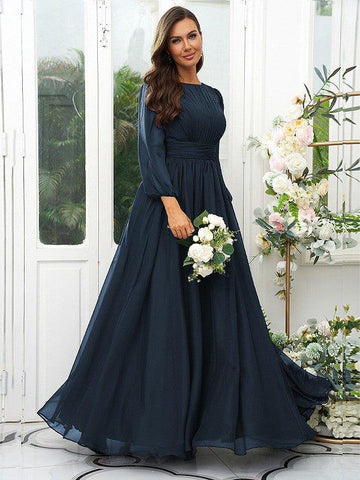 A-Linie/Princess-Linie 30D Chiffon Rüschen U-Ausschnitt Lange Ärmel Bodenlang Brautjungfernkleider