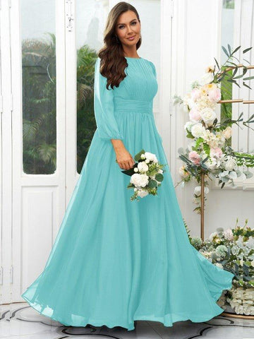 A-Linie/Princess-Linie 30D Chiffon Rüschen U-Ausschnitt Lange Ärmel Bodenlang Brautjungfernkleider