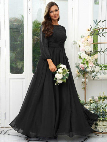 A-Linie/Princess-Linie 30D Chiffon Rüschen U-Ausschnitt Lange Ärmel Bodenlang Brautjungfernkleider