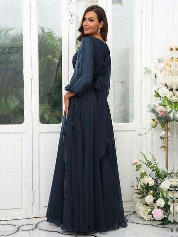 A-Linie/Princess-Linie 30D Chiffon Rüschen U-Ausschnitt Lange Ärmel Bodenlang Brautjungfernkleider