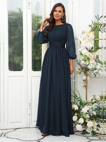 A-Linie/Princess-Linie 30D Chiffon Rüschen U-Ausschnitt Lange Ärmel Bodenlang Brautjungfernkleider