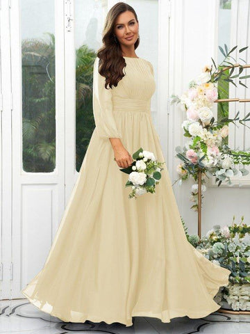 A-Linie/Princess-Linie 30D Chiffon Rüschen U-Ausschnitt Lange Ärmel Bodenlang Brautjungfernkleider