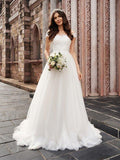 Vestidos de noiva em linha A/princesa, com aplicações, ombros descobertos, sem mangas, tule, cauda comprida