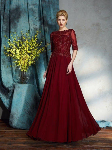 A-Linie/Princess-Linie Bateau-Ausschnitt Applikationen 1/2 Ärmel Lang Chiffon Brautmutterkleider