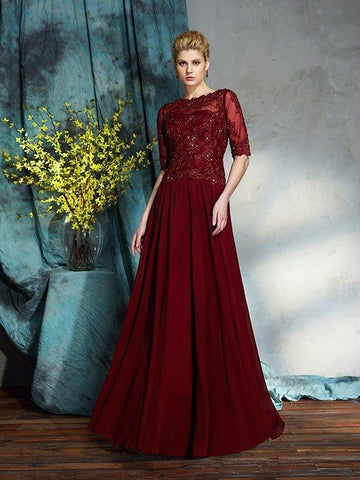 A-Linie/Princess-Linie Bateau-Ausschnitt Applikationen 1/2 Ärmel Lang Chiffon Brautmutterkleider