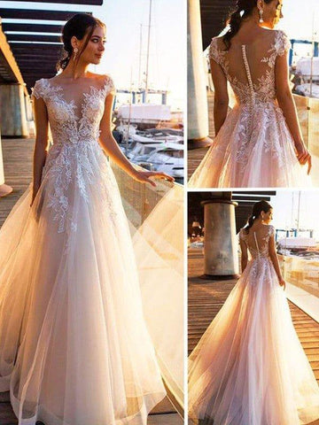 A-Linie/Princess-Linie Bateau-Ausschnitt Applikationen Kurze Ärmel Sweep/Pinsel zug Tüll Brautkleider
