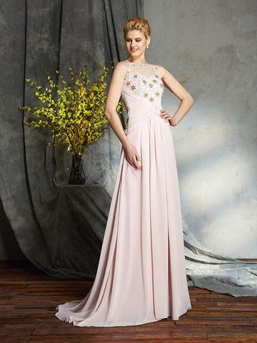 A-Linie/Princess-Linie Bateau-Ausschnitt Applikationen Ärmellos Lange Chiffon Brautmutterkleider