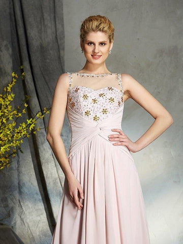 A-Linie/Princess-Linie Bateau-Ausschnitt Applikationen Ärmellos Lange Chiffon Brautmutterkleider