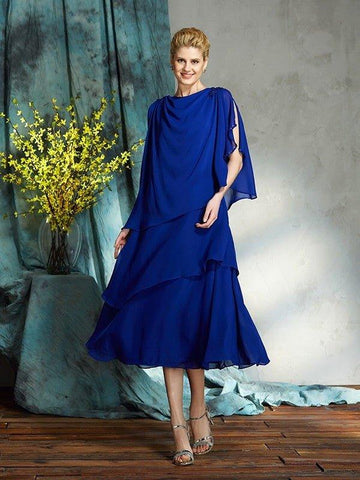A-Linie/Princess-Linie Bateau-Ausschnitt Applikationen Ärmellos Wadenlang Chiffon Brautmutterkleider