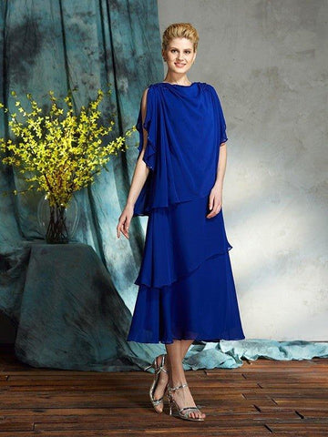A-Linie/Princess-Linie Bateau-Ausschnitt Applikationen Ärmellos Wadenlang Chiffon Brautmutterkleider