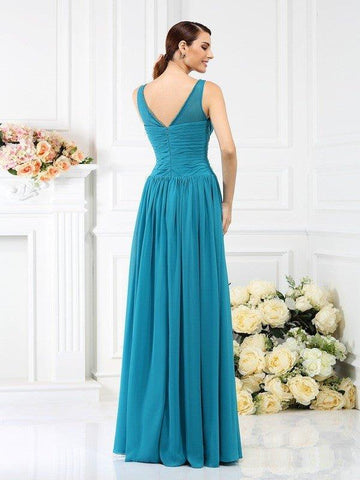 A-Linie/Princess-Linie Bateau-Ausschnitt Falten Ärmellos Lange Chiffon Brautjungfernkleider