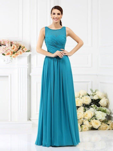 A-Linie/Princess-Linie Bateau-Ausschnitt Falten Ärmellos Lange Chiffon Brautjungfernkleider
