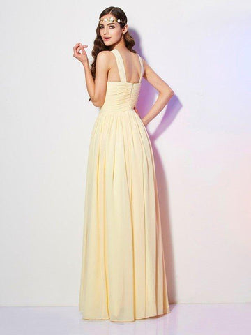 A-Linie/Princess-Linie Bateau-Ausschnitt Ärmellos Falten Lange Chiffon Brautjungfernkleider