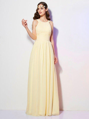 A-Linie/Princess-Linie Bateau-Ausschnitt Ärmellos Falten Lange Chiffon Brautjungfernkleider