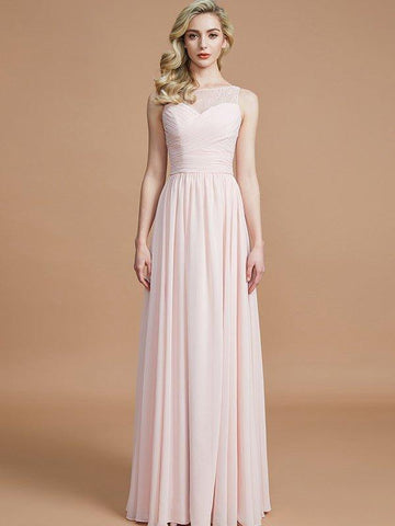 A-Linie/Princess-Linie Bateau-Ausschnitt Ärmellos Rüschen Bodenlang Chiffon Brautjungfernkleider