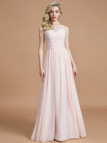 A-Linie/Princess-Linie Bateau-Ausschnitt Ärmellos Rüschen Bodenlang Chiffon Brautjungfernkleider